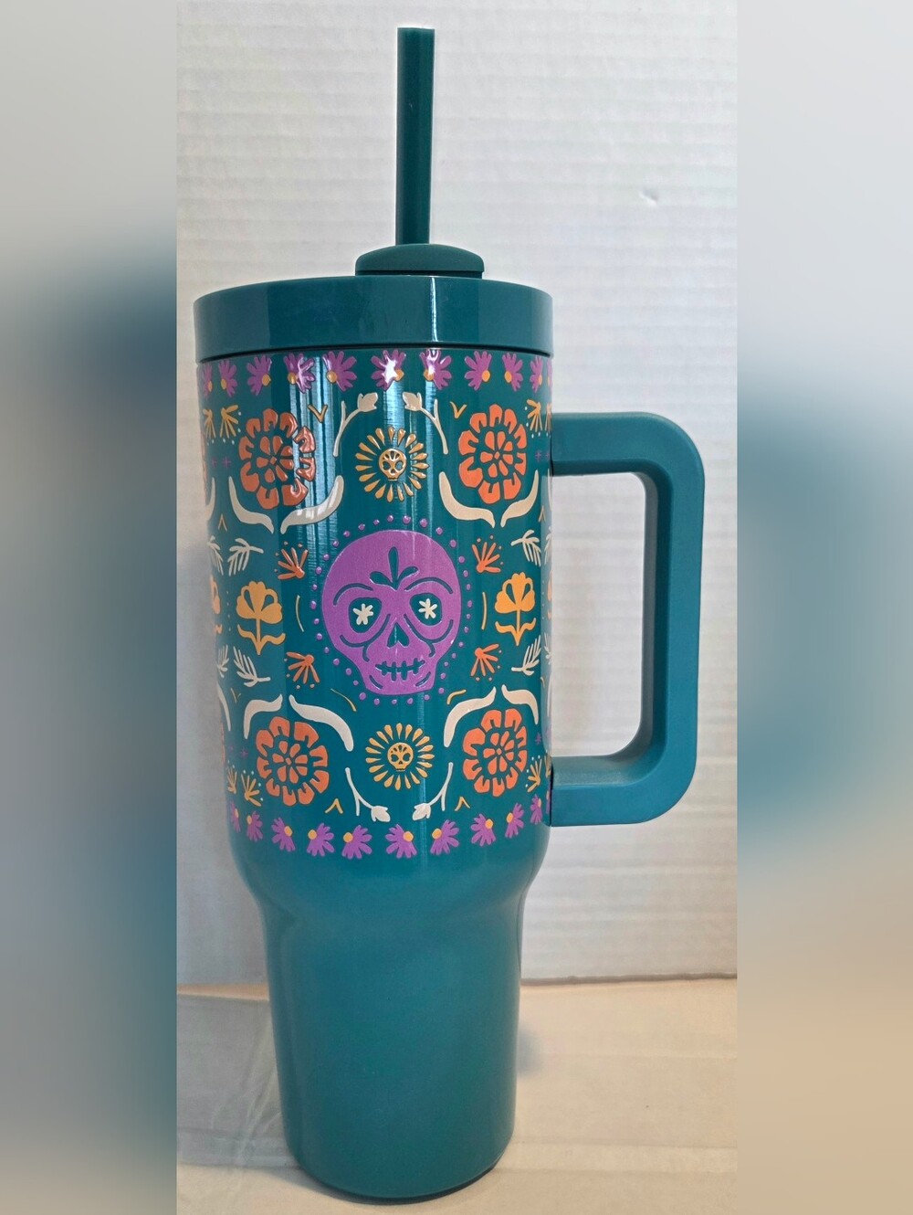 Teal Travel Mug with Colorful Floral Skull Design 40 Oz